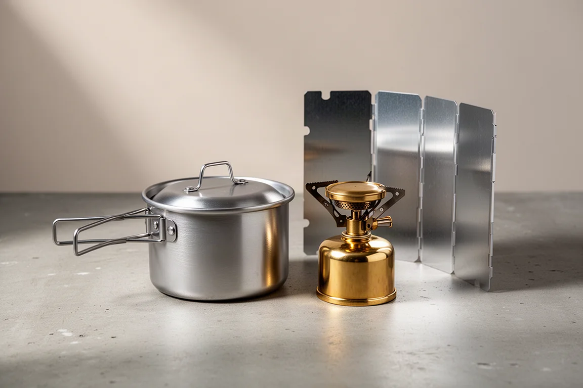 Compact camping cook set with aluminium pot, brass alcohol burner, and windscreen on concrete