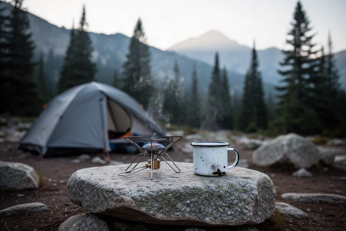 Bouilloire en aluminium fumante sur un réchaud de camping dans un camp au bord d'un lac brumeux à l'aube