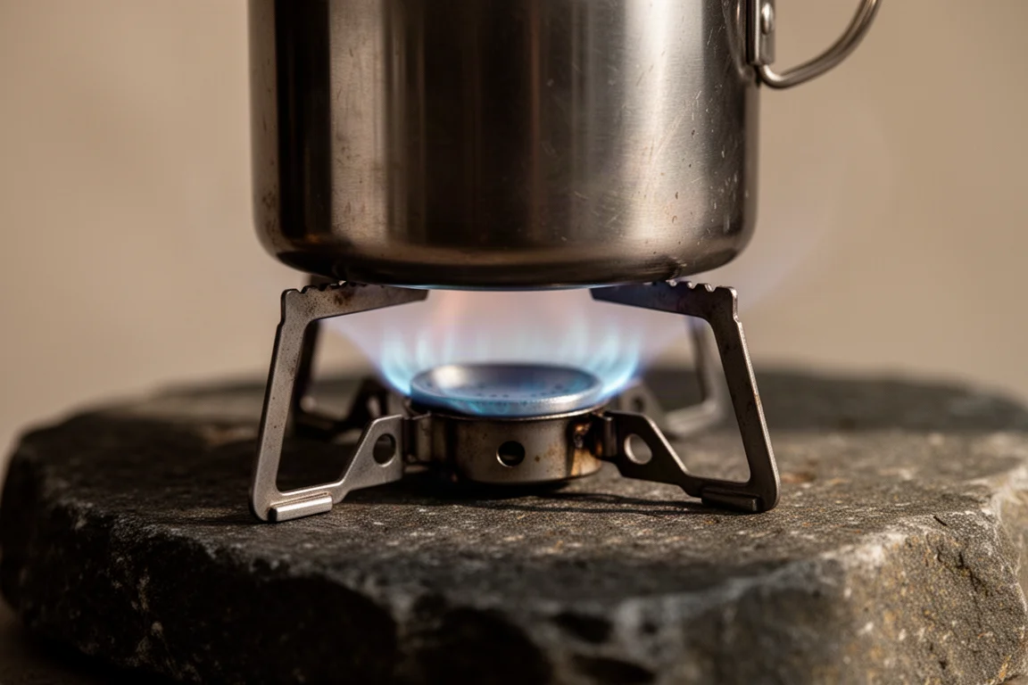 Eau chaude versée d'une bouilloire de camping en aluminium dans une tasse en émail sur une table en bois