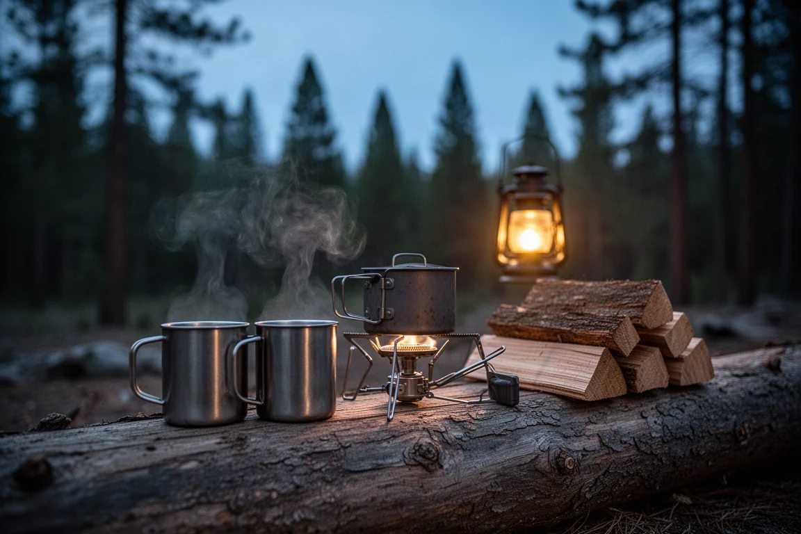 Vue à plat d'un ensemble de café de camping avec bouilloire en aluminium et tasse en émail