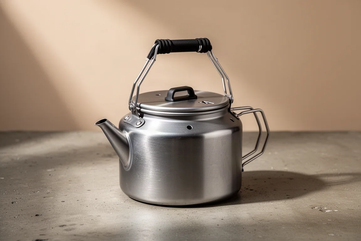 Small aluminum ultralight camping kettle with folding handle and lidded spout on concrete