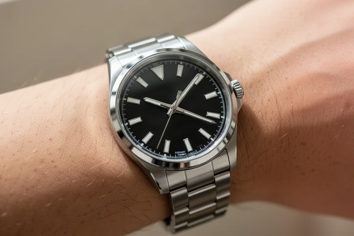 Gros plan d'une montre mécanique au poignet montrant le cadran noir et les blocs de luminova