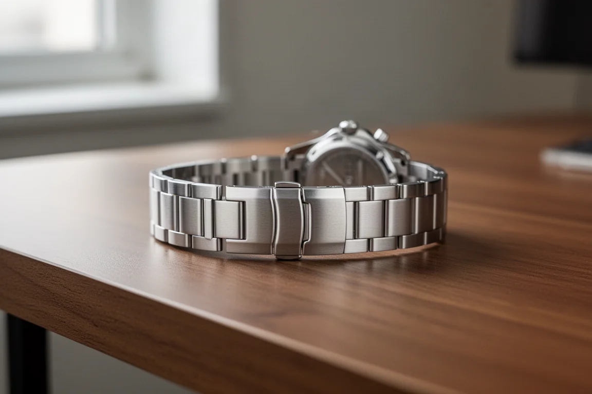 Photo détaillée d'un bracelet en acier avec fermoir à micro-ajustement sur un bureau