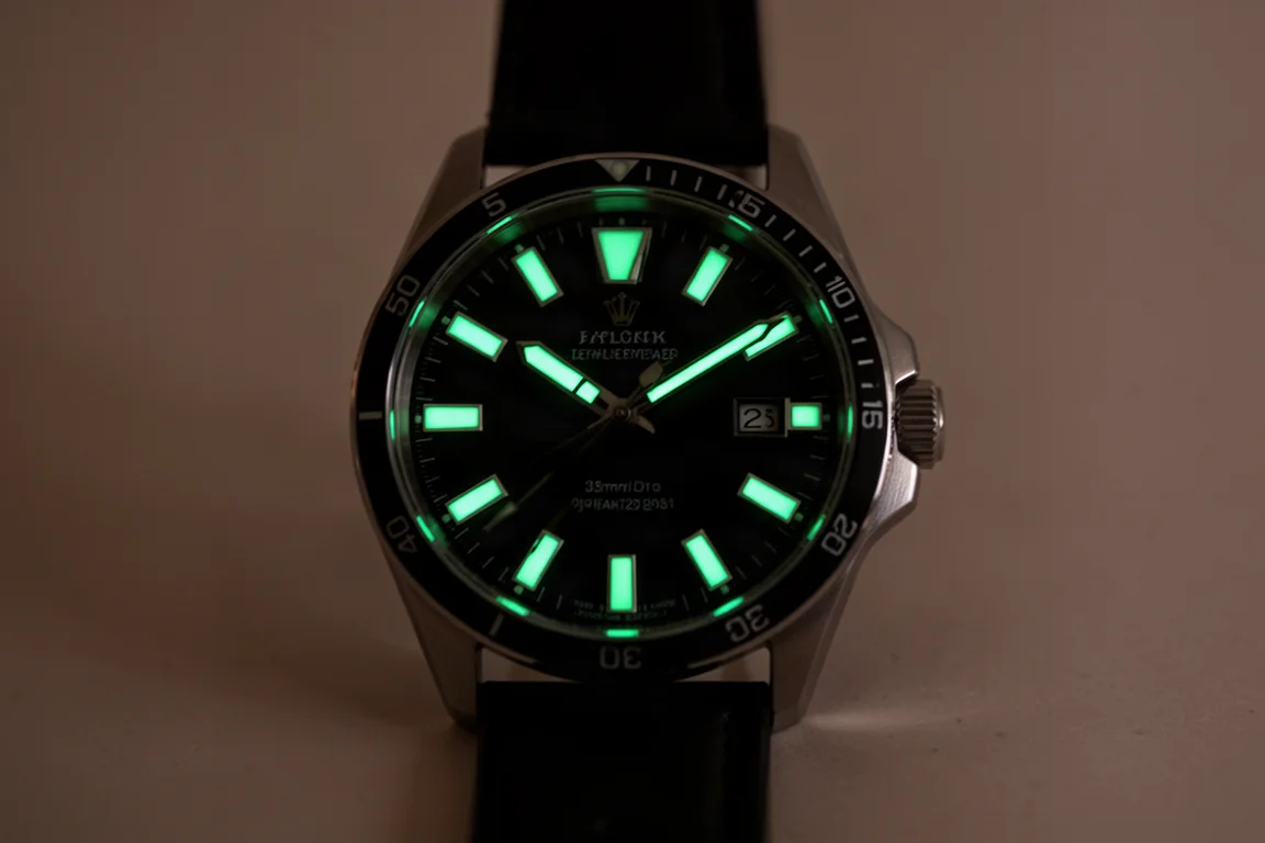 Cadran de montre lumineux dans l'obscurité avec des blocs de luminova et des aiguilles brillants