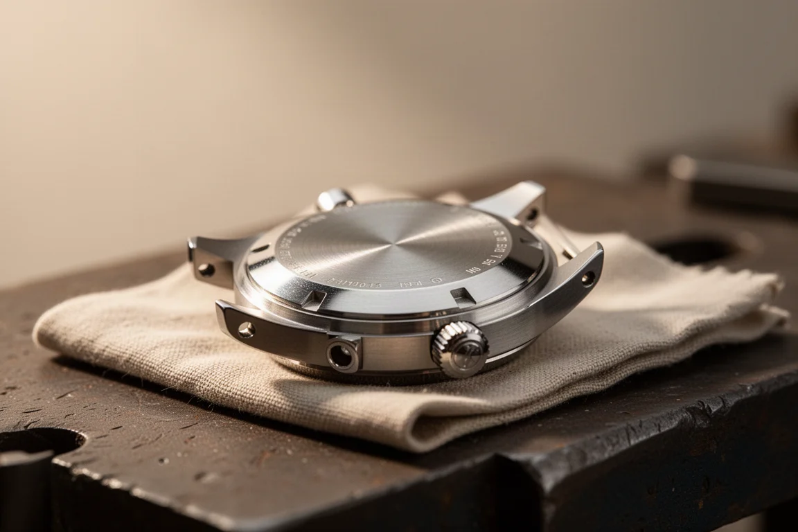 Fond de boîtier de montre avec couronne vissée et cornes percées sur un établi