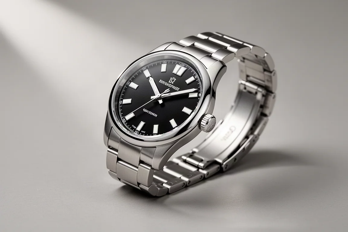 Traska Summiteer watch with black dial and steel bracelet on grey backdrop