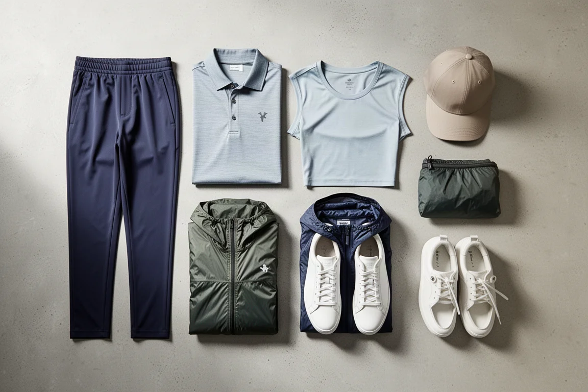 Flat-lay of a compact travel capsule wardrobe including joggers, shirts, hoodie, rain shell, sneakers, and cap
