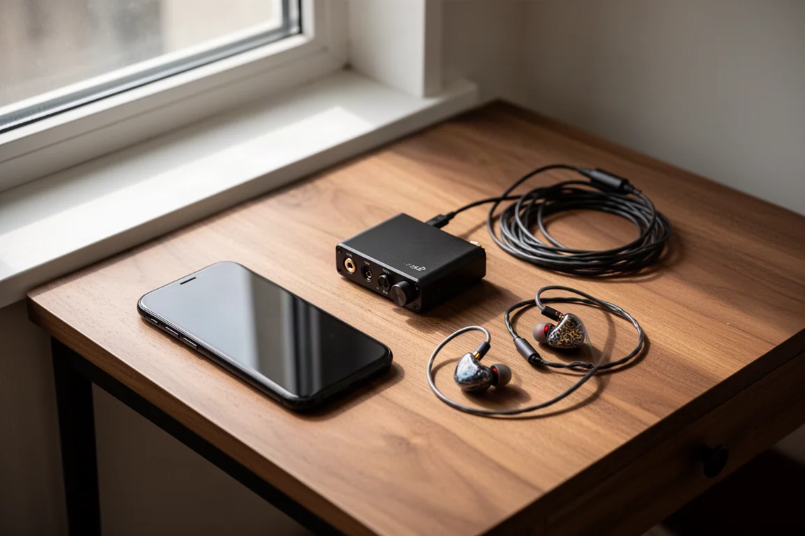 Cena de mesa com celular, pequeno amplificador de fones, cabo e fones intra-auriculares sob luz de janela