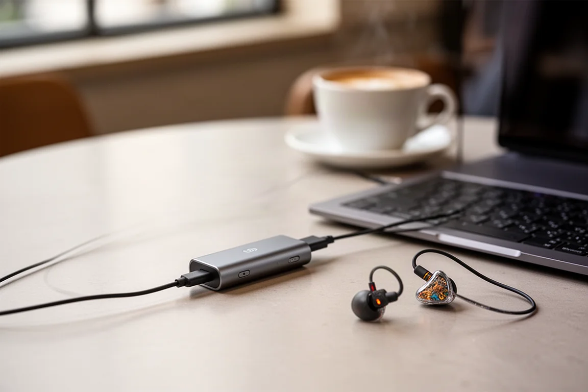 Dispositivo de áudio dongle compacto conectado a um notebook em mesa de café com fones de ouvido