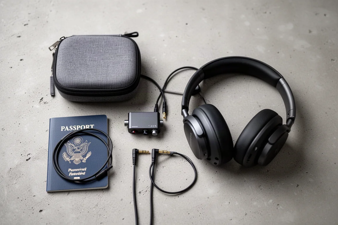 Vista de cima de um kit de áudio de viagem com case, adaptadores e fones dobrados