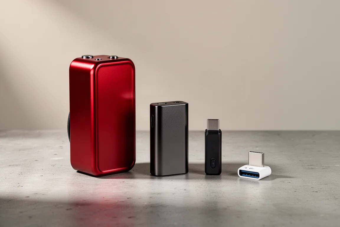 Four portable audio devices including a red amplifier, a small metal unit, a dongle and a white adapter on concrete