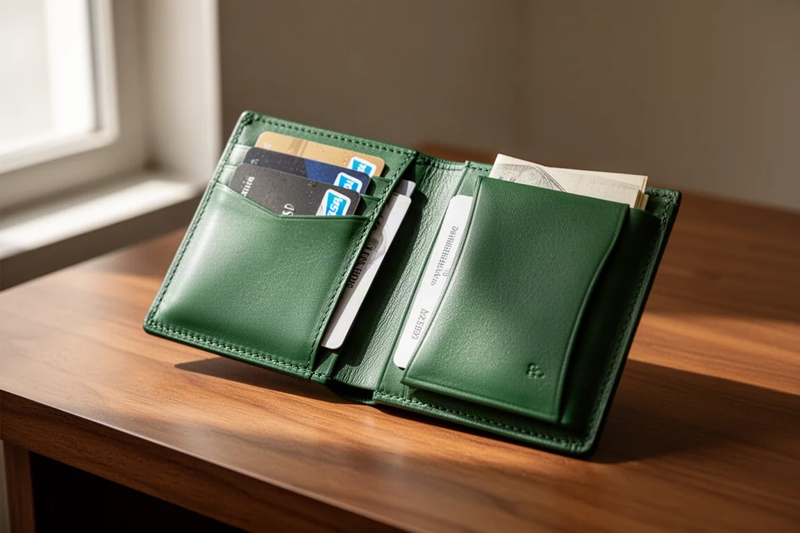 Geöffnete Leder-Wallet auf einem Schreibtisch mit Kartenfächern und Geldscheinfach
