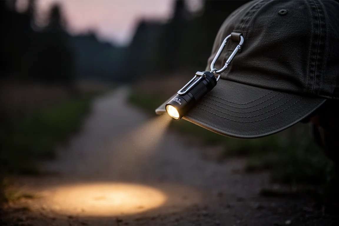 Kompakte Taschenlampe an einem Hutrand befestigt, die nachts einen warmen Lichtkegel wirft