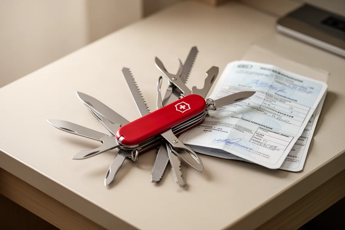 Werkzeuge eines Schweizer-Taschenmessers im Stil von Swiss Army auf einem Hotel-Schreibtisch ausgefächert