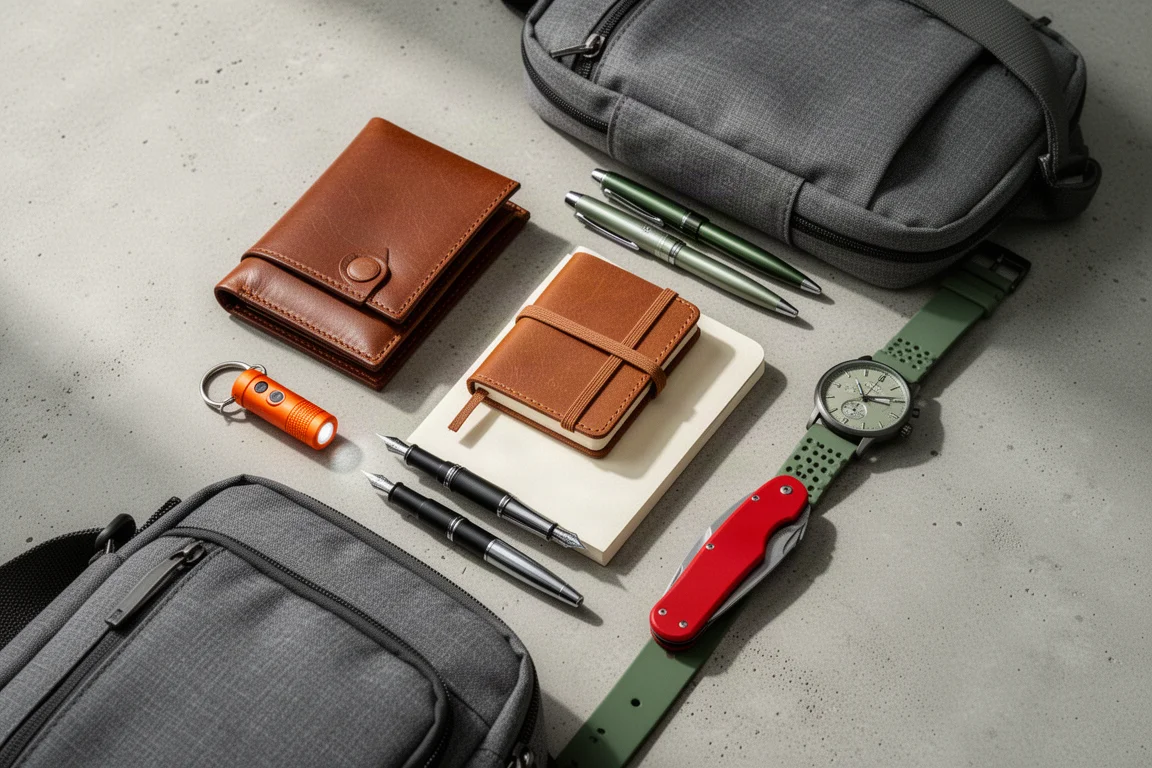 Flat-lay van travel everyday carry-items, waaronder een portemonnee, zaklamp, notitieblok, pennen, sling bag, horloge en zakmes