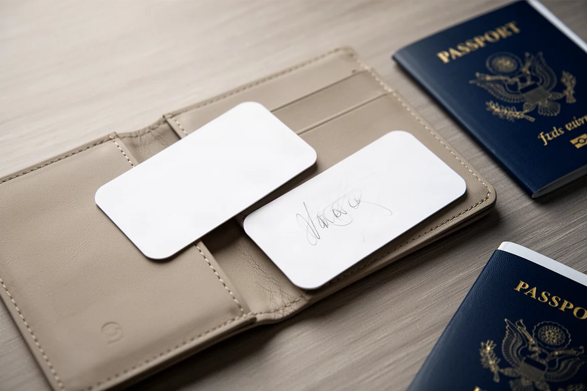 Carte scritte a mano con informazioni d'emergenza accanto a un portafoglio passaporto su una scrivania