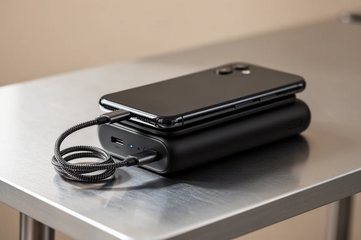 Smartphone sovrapposto a un power bank compatto collegato da un cavo corto