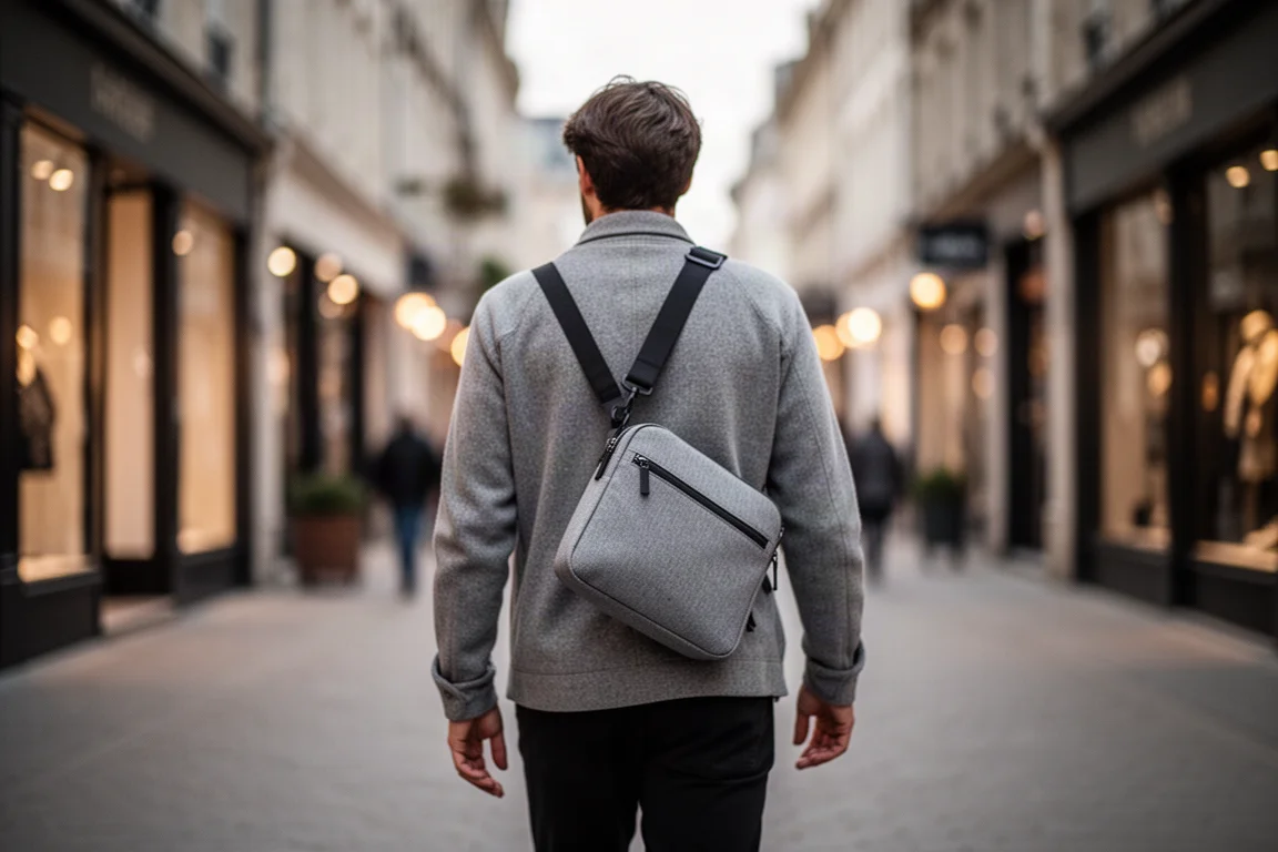 Viaggiatore che indossa una borsa a tracolla in una strada cittadina trafficata la sera