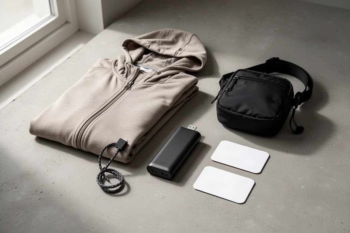 Flat-lay of travel essentials including a hoodie, power bank, sling bag, and info cards