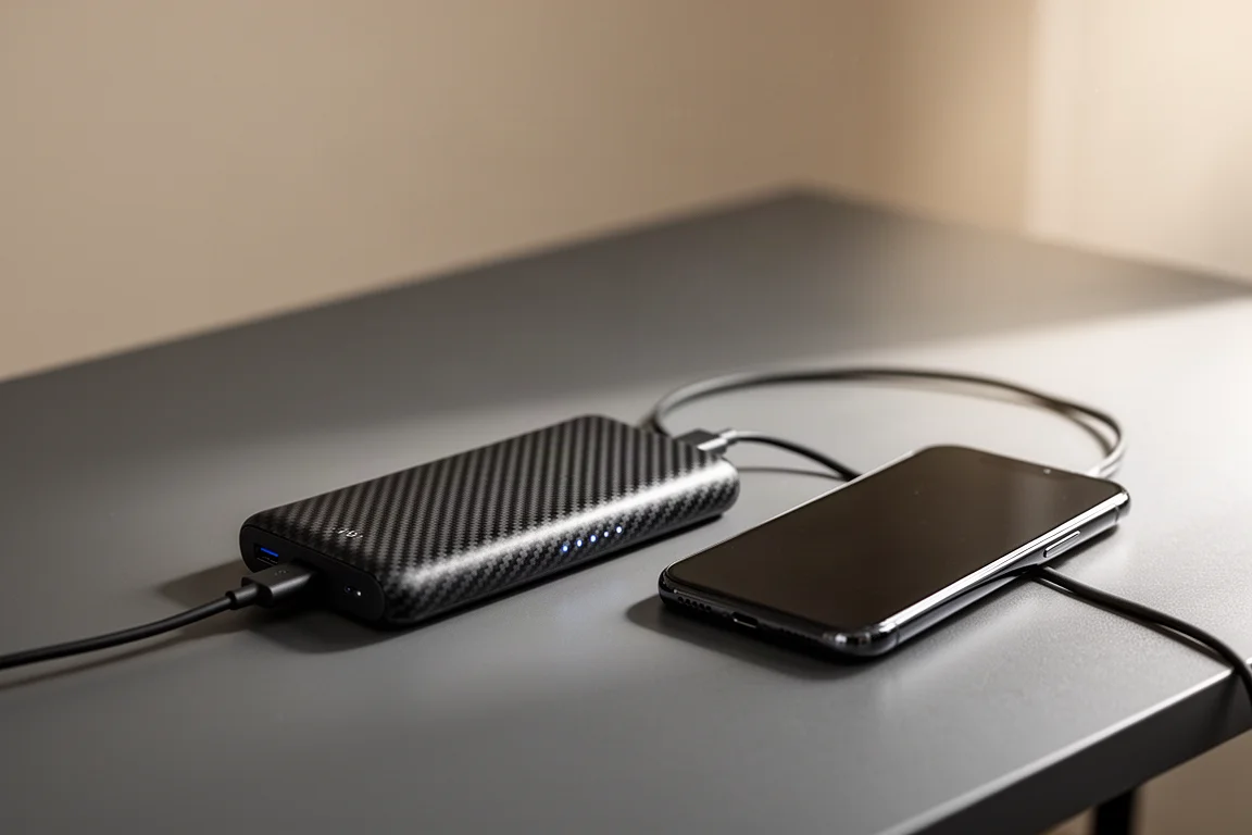 Smukły powerbank ładujący telefon na biurku