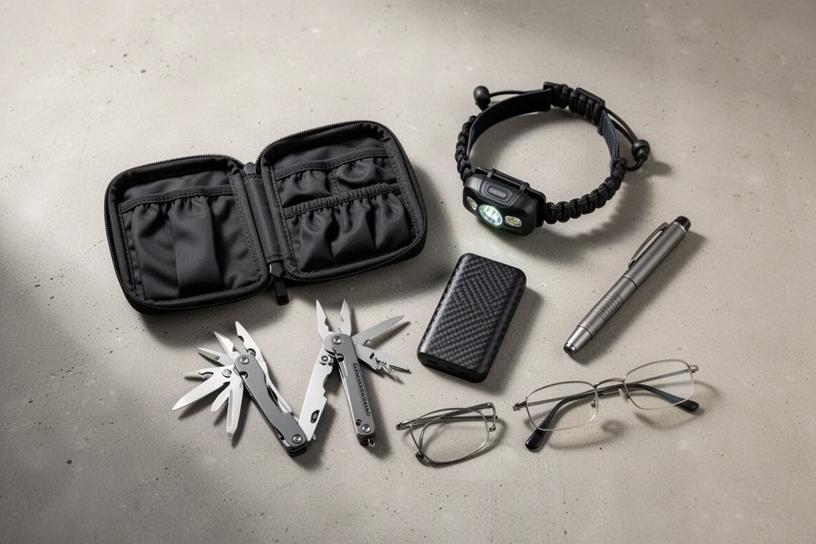 Flat-Lay eines kompakten Reise-Essentials-Kits mit Tasche, Stirnlampe, Multitool, Powerbank, Stift und Faltbrille