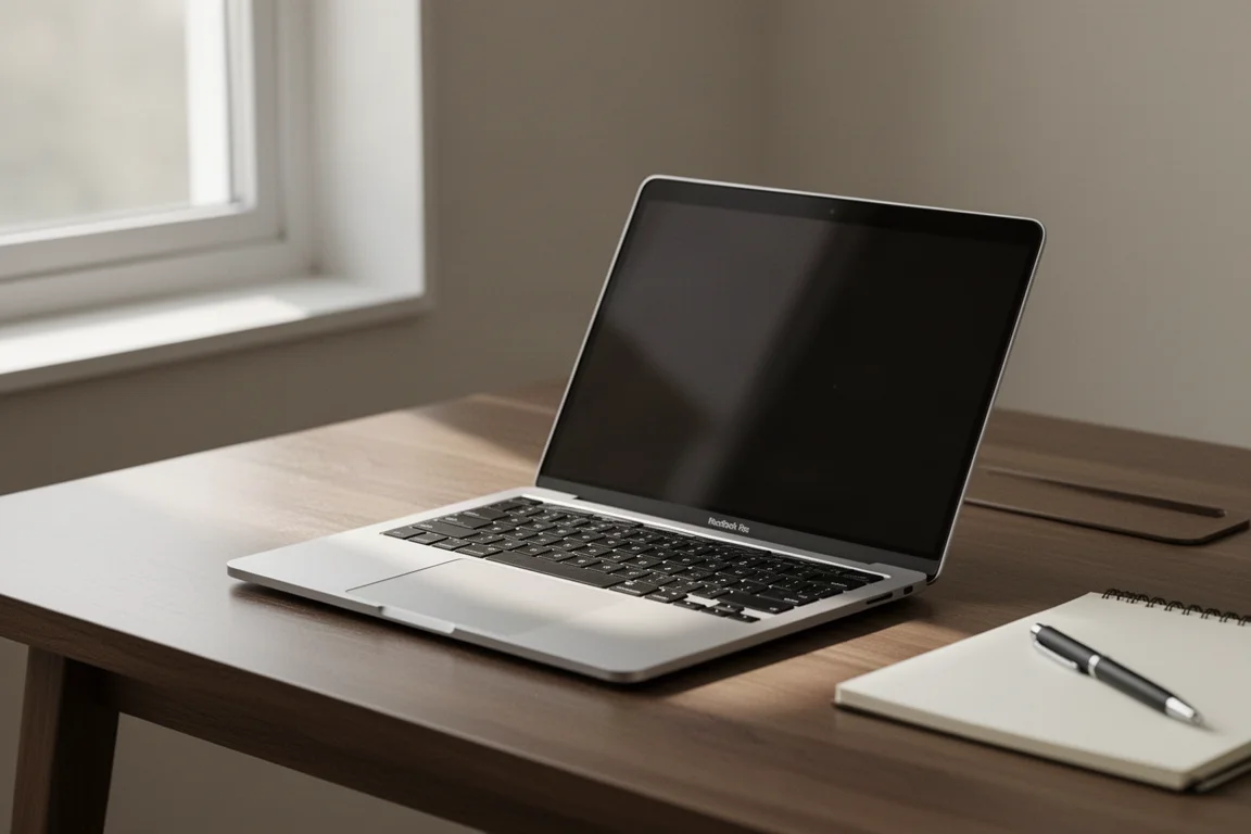 Compact laptop open on a wooden desk in soft window light