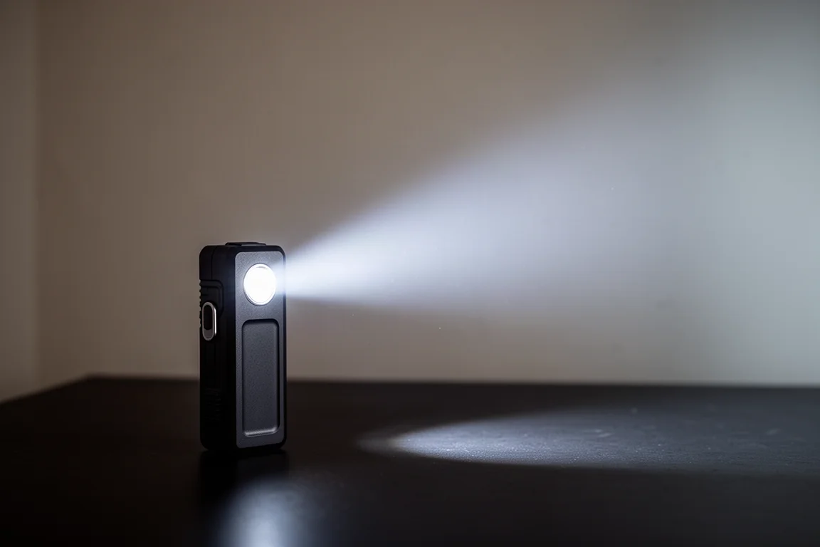 Pocket flashlight casting a bright beam across a dim room