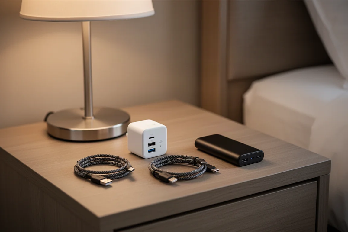 Charger, cable, and power bank arranged on a hotel nightstand