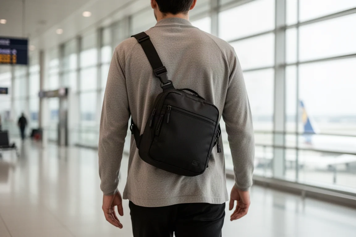Black technical sling bag worn across the chest while walking through an airport