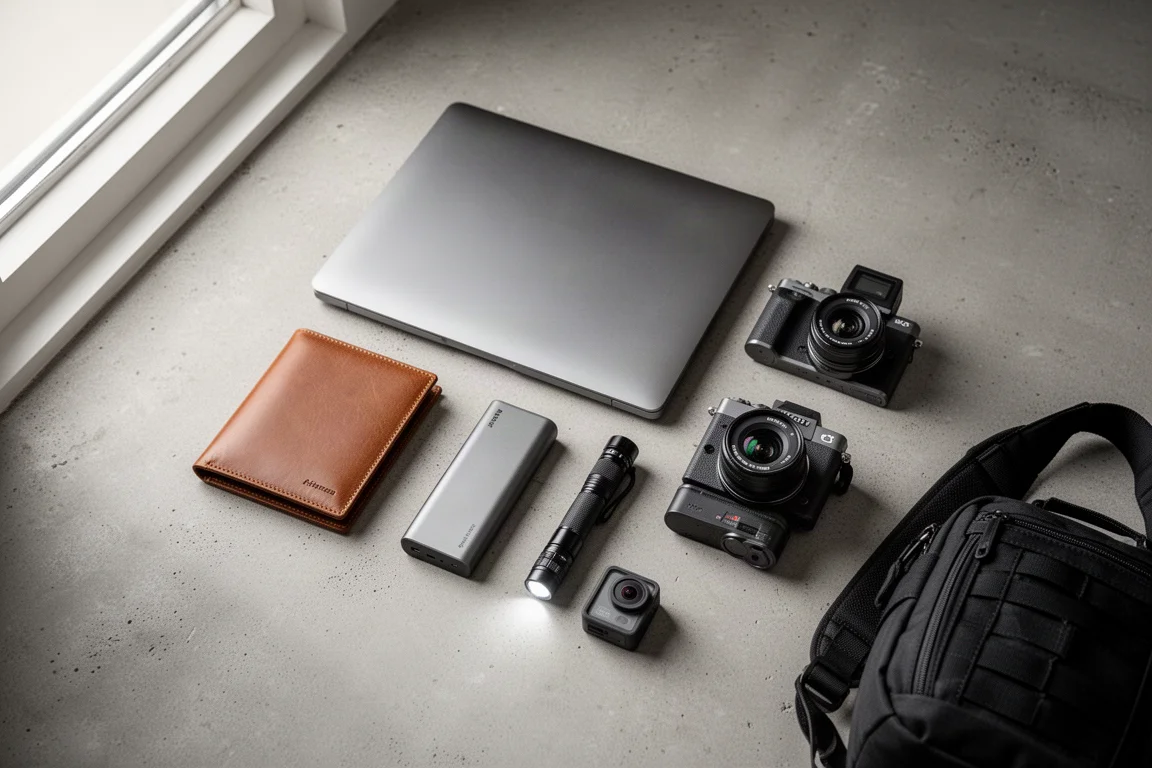 Flat-lay of travel everyday carry gear including laptop, wallet, power bank, flashlight, and cameras