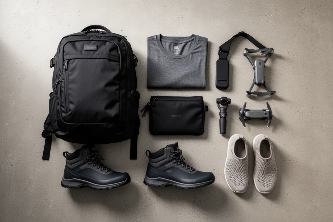 Flat-lay of travel backpack, folded clothing, sling bag, cameras, and two pairs of shoes on concrete