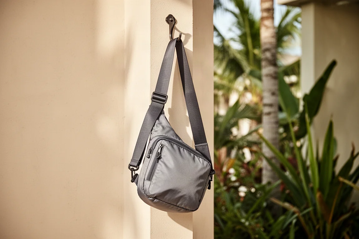 Kleine opvouwbare sling bag cross-body gedragen op een resorts looppad