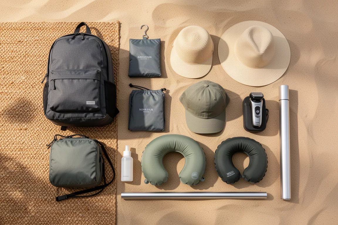 Flat-Lay mit Reiseausrüstung: Rucksäcke, Hüte und Accessoires auf Sand arrangiert