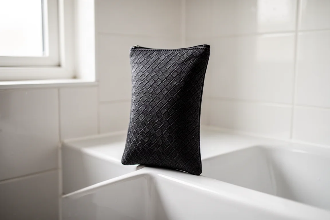 Bolsita de viaje delgada, de pie sobre el estrecho borde de un lavabo