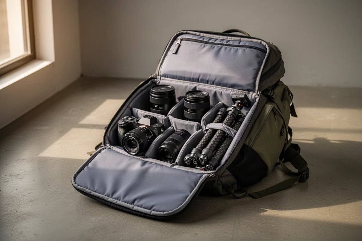 Mochila de câmera aberta com um corpo mirrorless, lentes, tripé dobrado e um drone pequeno dentro