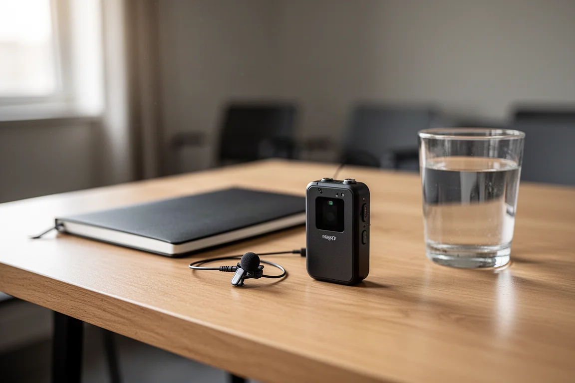 Transmissor de microfone sem fio compacto e microfone de lapela sobre uma mesa em uma sala de entrevista