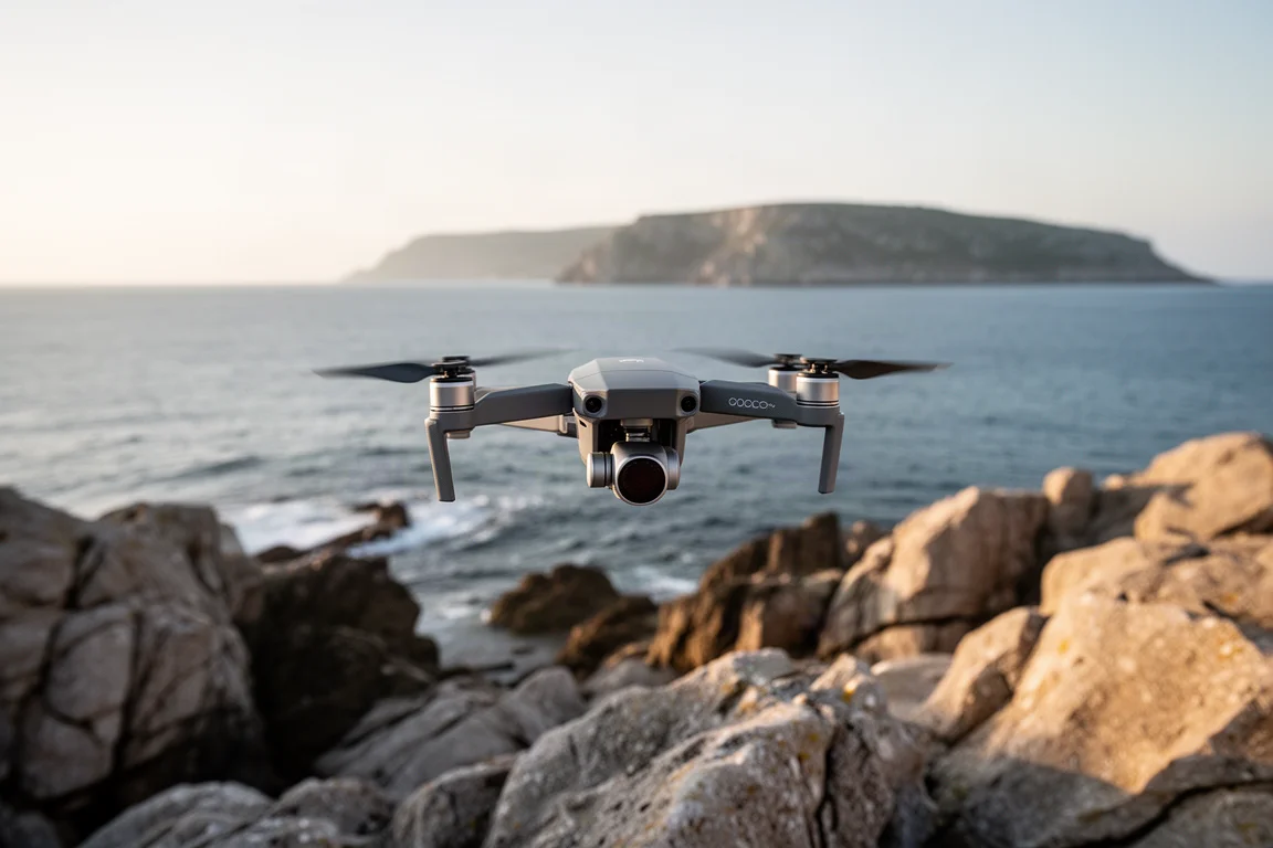 Drone compacto pairando sobre uma costa rochosa com um filtro acoplado à sua câmera