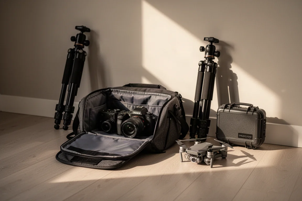 Bolsa de câmera aberta no chão de madeira com um tripé e um estojo de drone ao lado