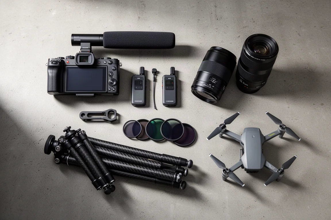 Flat-lay of camera, shotgun microphone, wireless transmitters, lenses, filters, tripod, clip, and drone on concrete