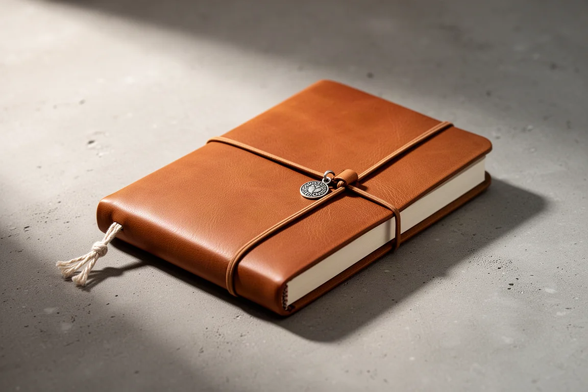 Closed tan leather notebook cover with elastic closure on a concrete surface