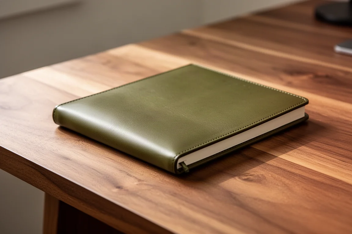 Copertina del notebook in pelle oliva che sviluppa patina su una scrivania in legno