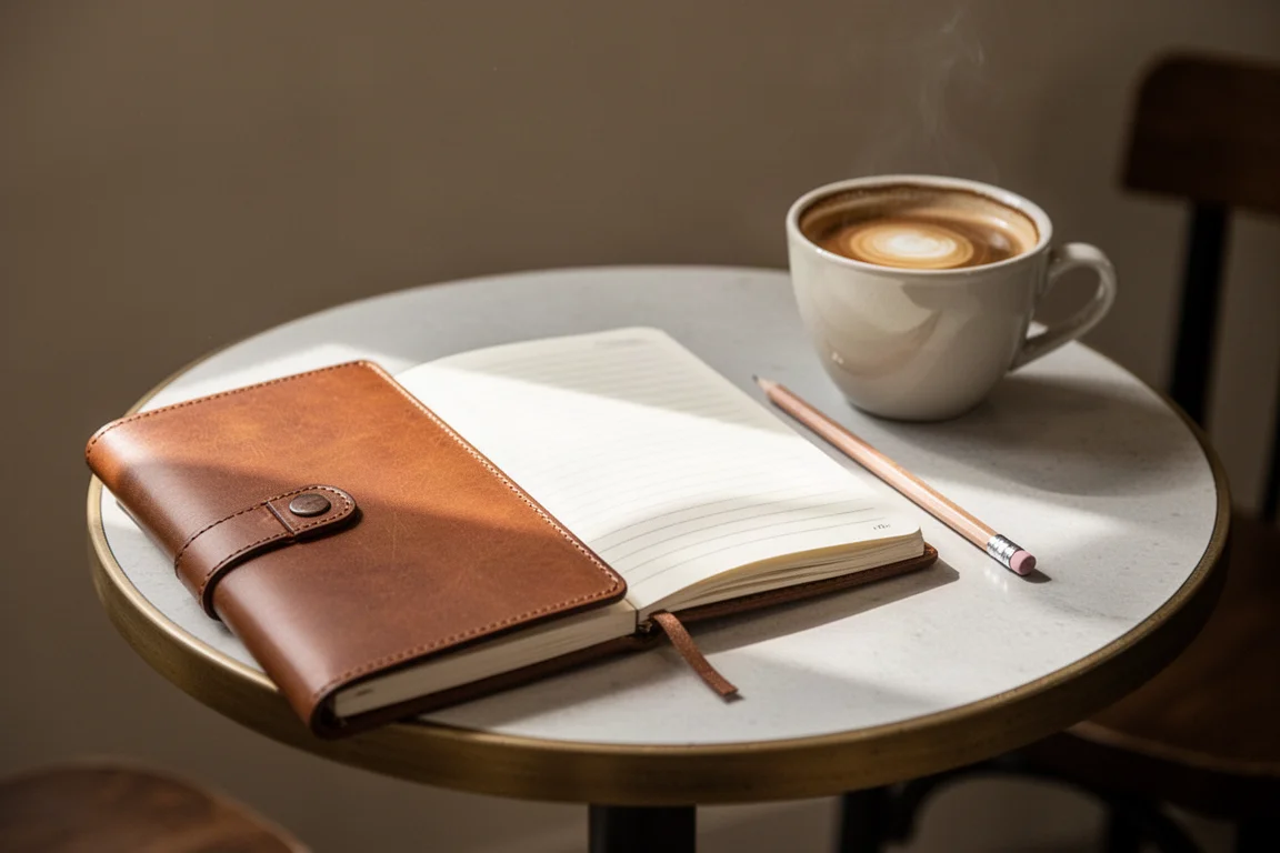 Notebook aperto con una matrice accanto su un tavolo da caffè