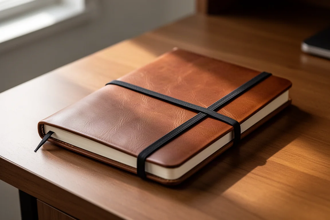 Simple brown leather notebook cover held closed by a black elastic band