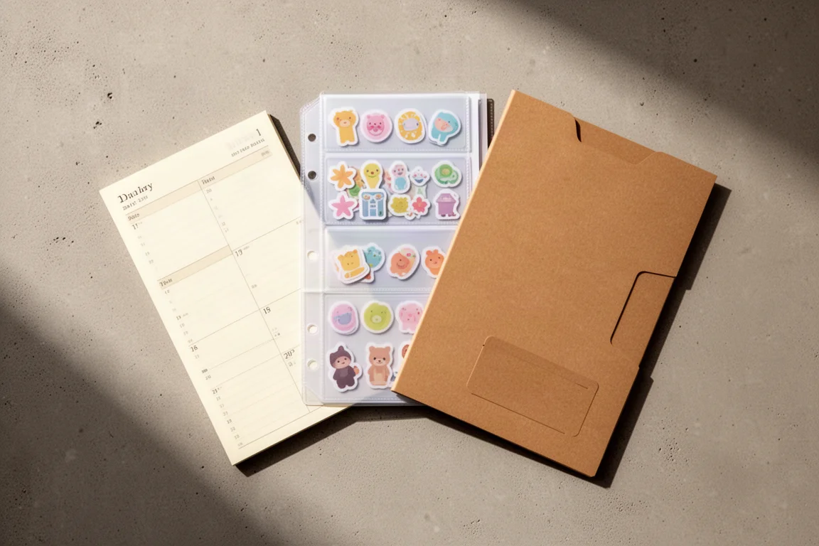 Flat-lay of notebook refills including diary pages, sticker holder and kraft file