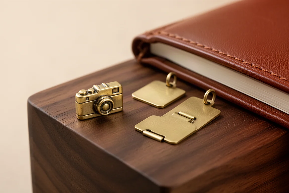Brass charm and brass tag accessories arranged beside a leather notebook cover