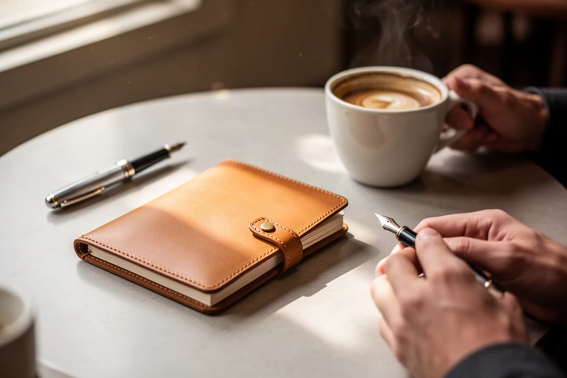 Person writing by hand in a passport-size leather notebook at a cafe table
