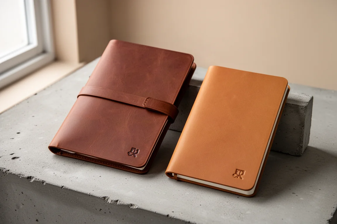 Braune Hülle in Regular Size und camel-farbene Hülle in Passport Size, Leder-Notizbuchhüllen nebeneinander