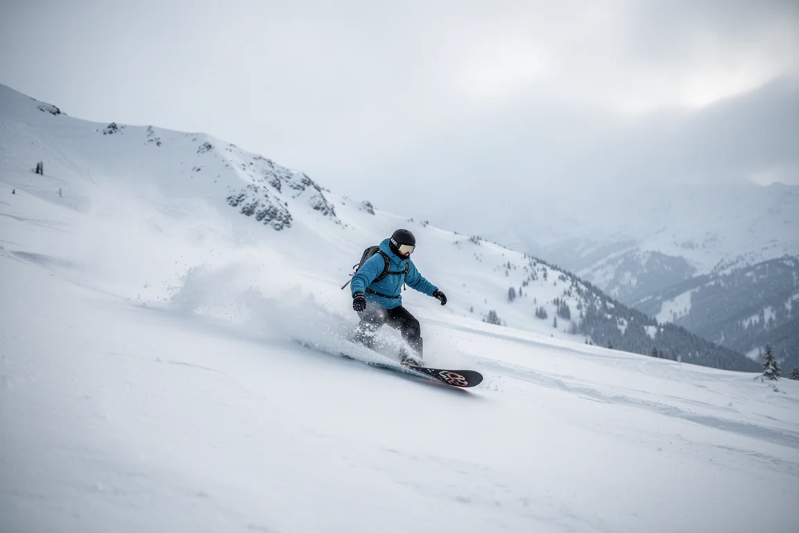 單板雪友在寬闊的高山斜坡上滑行穿越深粉雪