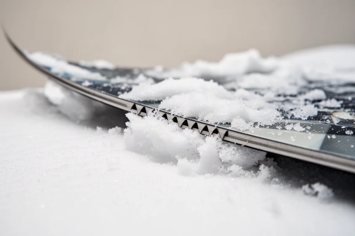 特寫鏡頭:雪板板邊在硬雪上的鋸齒狀抓地接觸點