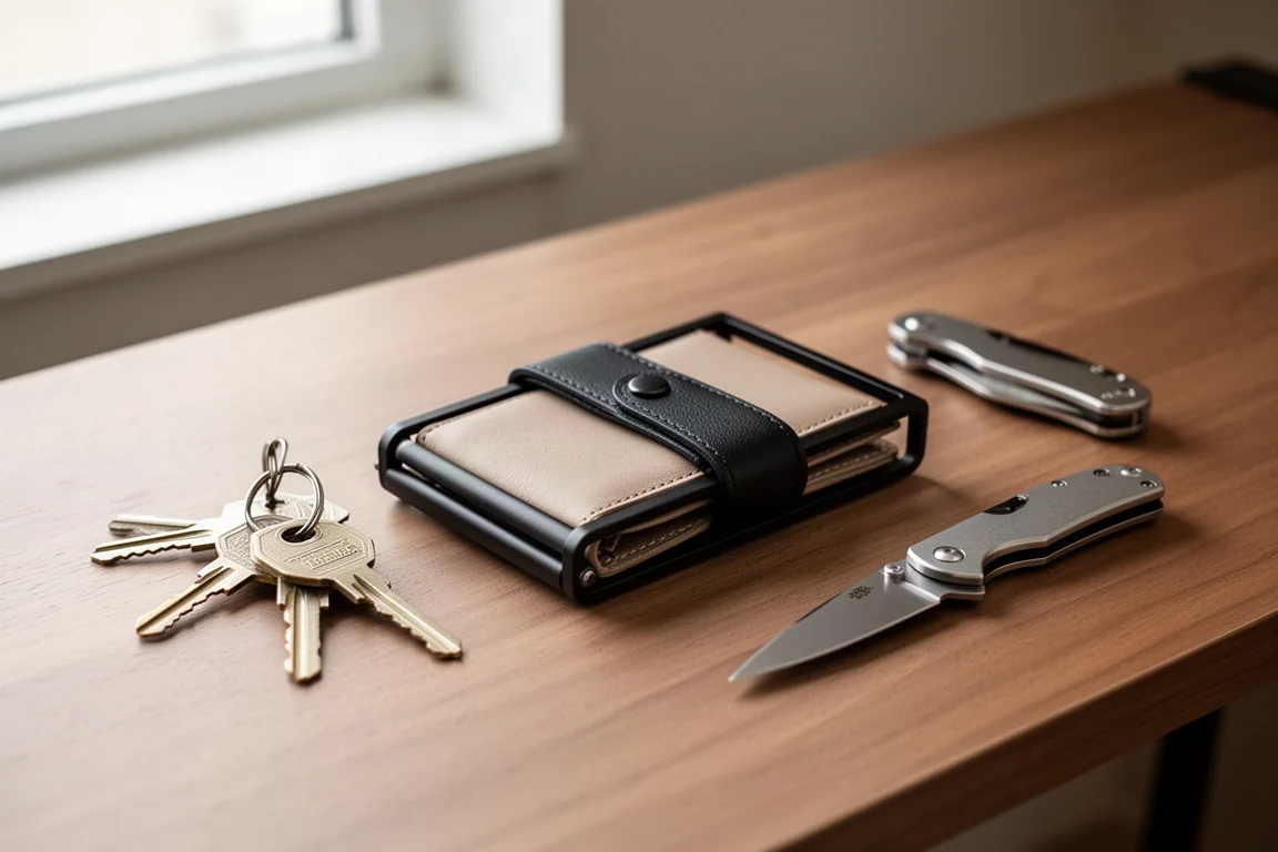 Minimalist metal wallet with leather strap resting on a pocket beside everyday carry items